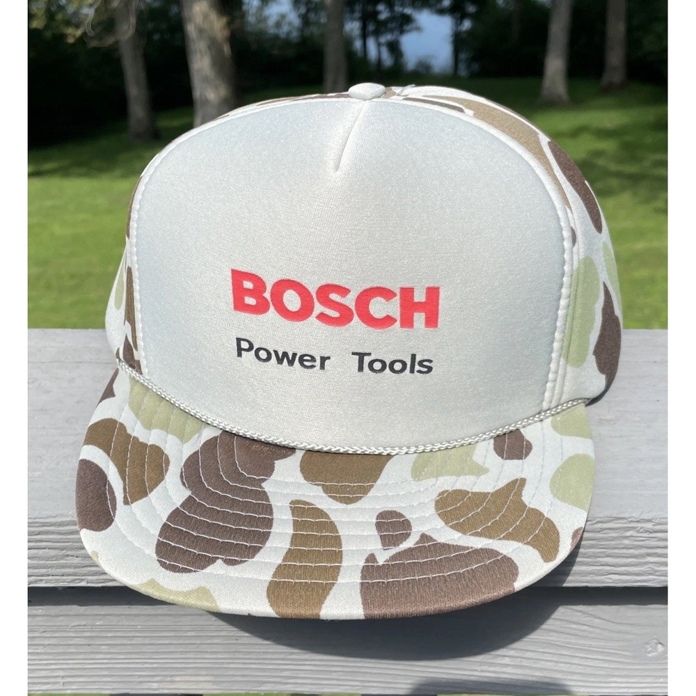 Vintage Nissin Rope Brim Snap Back Trucker Hat Camo Bosch Power Tools‎